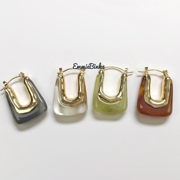 New Anthropologie Gold Rimmed Resin U Shape Huggie Hoop Earrings - Picture 12 of 16